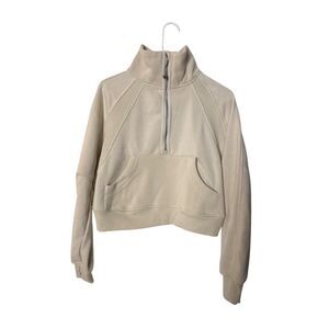 Better Together Beige Cropped Half-Zip Sweatshirt With Pouch Pocket & Ribbed Cuf